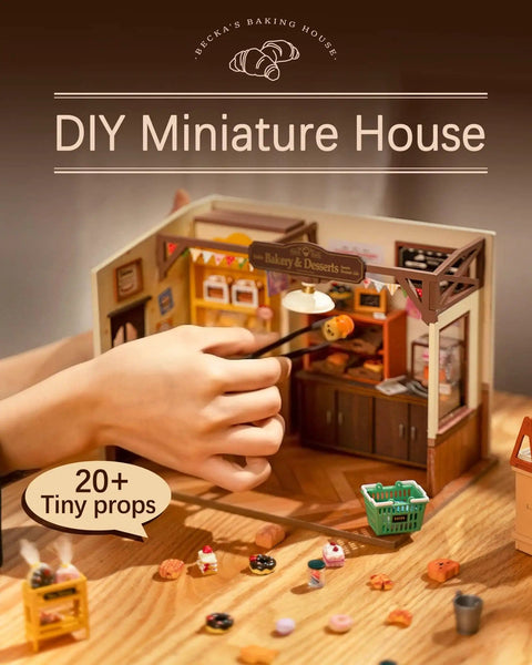 Beginner Friendly DIY Miniature Dollhouse Kit With LED Lights For Adults, detailed bakery studio scene with tiny props