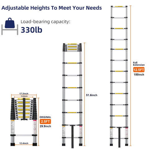 12.5 Foot Telescoping Aluminum Ladder For Home DIY And Outdoor Use, Multi Purpose Extension Ladder For Household And RV, 330 Pound Max Capacity