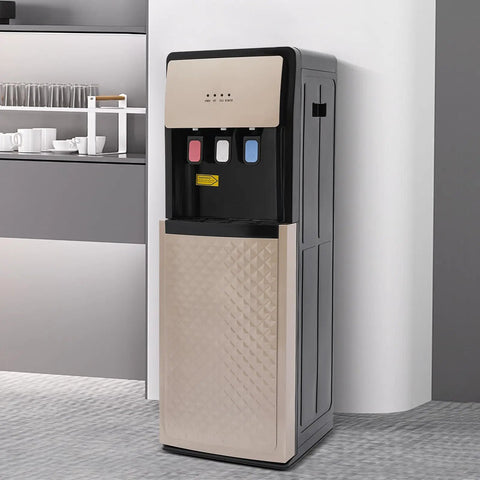 Bottom-Load Water Cooler Dispenser With Hot And Cold Water, Three Outlets, Champagne Gold Finish in Home Setting