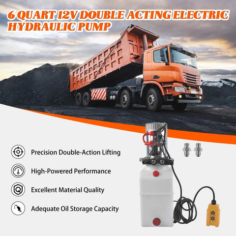 12V Double Acting Electric Hydraulic Pump Power Unit With 6L Tank and truck in background