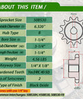 Detailed specifications of 30 Tooth #50 Roller Chain Sprocket With 1-1/4 Inch Bore Hardened Steel for heavy duty applications.