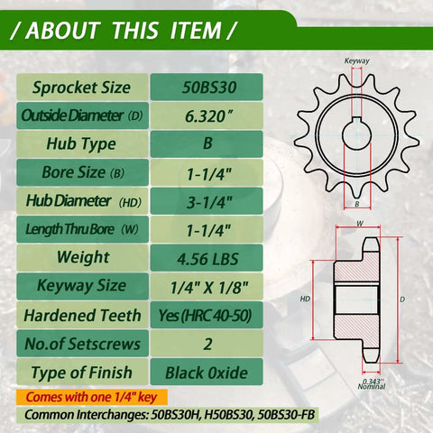 Detailed specifications of 30 Tooth #50 Roller Chain Sprocket With 1-1/4 Inch Bore Hardened Steel for heavy duty applications.