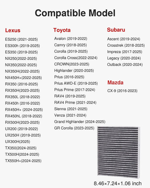 Compatible vehicle list for Cabin Air Filter With Activated Carbon Replacement including Lexus, Toyota, Mazda, Subaru models.