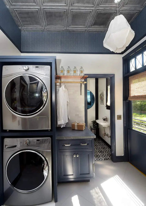 Laundry room ceiling with Glue Up Foam Ceiling Tiles White Pack Of Eight Covering 21.6 Square Feet Lightweight Insulating Popcorn Ceiling Cover Paintable With Water Based Paint Easy To Install And Clean.