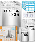 Complete 100 Pack Mylar Bags With 400cc Oxygen Absorbers For Long Term Food Storage; sizes 1 gallon, 1 quart, 1/2 pint visible.
