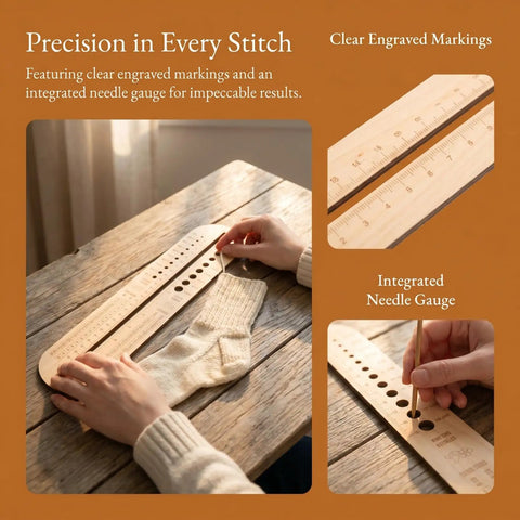 Wooden Sock Blocker Ruler For Knitting And Crochet, Dual Measuring Tool With Needle Gauge, 12.6 Inch Craft Ruler For Yarn Projects, Durable And Totally Handy For Socks, Hats, And Crochet Fans, wooden ruler with engraved markings and needle gauge