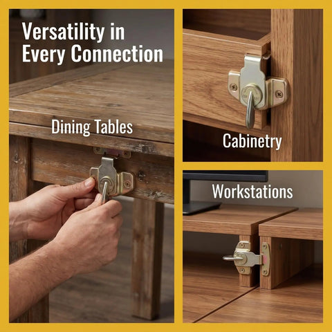 Built Tough Table Leaf Latches Rock Solid Extension Connectors Zero Fuss Assembly Galvanized Steel Satin Finish Hardware For Dining Tables Desks And Drawers 4 Pack Set in use on dining table, cabinetry, and workstation.
