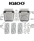 Heavy Duty Stainless Steel Cooler Parts Kit With Beefy Latches Hinges And Marine Grade Screws That Fit 50 To 165 Quart Ice Chests and components.
