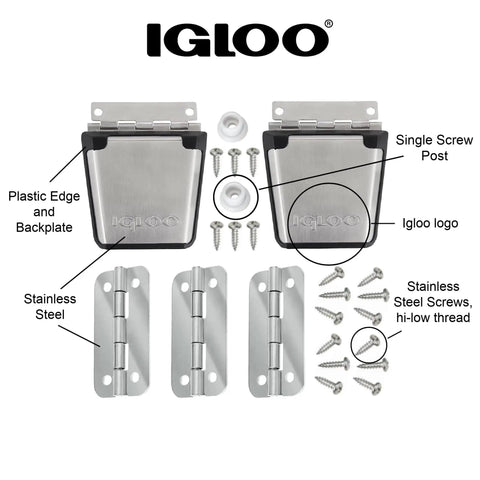 Heavy Duty Stainless Steel Cooler Parts Kit With Beefy Latches Hinges And Marine Grade Screws That Fit 50 To 165 Quart Ice Chests and components.