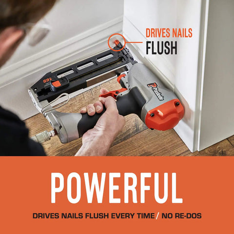 Person using Pneumatic Finish Nailer 16 Gauge for Trim and Molding Pro Grade Comfort Grip Lightweight Easy Two Finger Trigger Access Built for Hardwood Works With Standard Air Compressors Model 515500