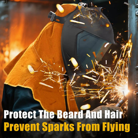 Welder wearing a real cow leather welding hood cap, heat and spark resistant shield up to 250C, heavy duty coverage.