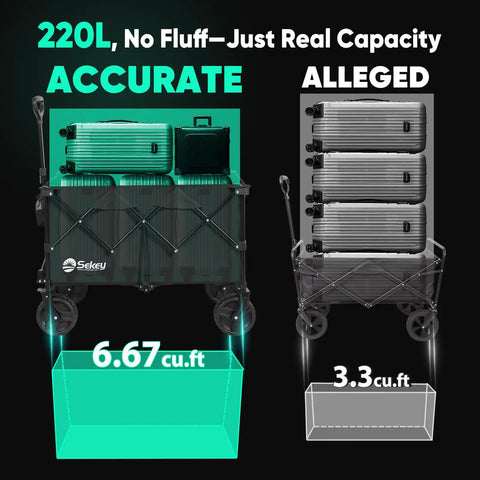 Comparison of two folding wagons with luggage to show capacity, highlighting oversized all terrain folding wagon with cup holders.