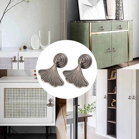 Ginkgo Leaf Shape Knob Handles, 2 Pack Antique Nickel Zinc Alloy Drawer Pulls shown on various cabinets and wardrobes.