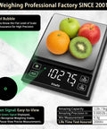 11 Lb Digital Food Scale With Pro Grade Precision 0.0001 Lb Per Division For Precise Cooking Baking And Coffee Stainless Steel Kitchen Scale With Large LED Display Black showing fruit measurement