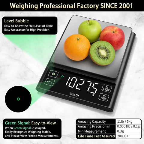11 Lb Digital Food Scale With Pro Grade Precision 0.0001 Lb Per Division For Precise Cooking Baking And Coffee Stainless Steel Kitchen Scale With Large LED Display Black showing fruit measurement