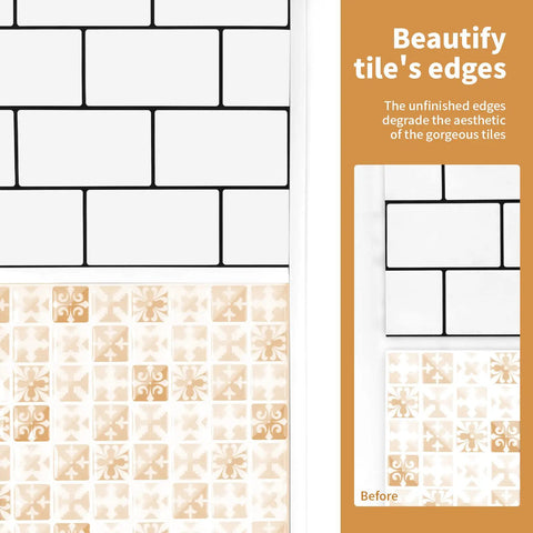 Peel And Stick White Molding Trim For Walls And Borders Flexible Self Adhesive Edging For Window Frames And Backsplash Tiles 30 Ft Roll Heat And Water Resistant No Fuss To Install And Remove showing tile edges before application.