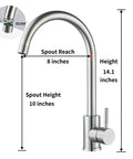 High Arc Commercial Kitchen Faucet Made Of Stainless Steel Brushed Nickel With Single Handle And 360 Degree Swivel For One Hole Bar Sink Modern Pro Grade Durable Design For Busy Kitchens showing dimensions, 14.1 inches height, 8 inches reach, 10 inches spout height.
