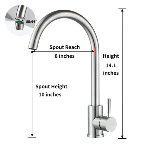 High Arc Commercial Kitchen Faucet Made Of Stainless Steel Brushed Nickel With Single Handle And 360 Degree Swivel For One Hole Bar Sink Modern Pro Grade Durable Design For Busy Kitchens showing dimensions, 14.1 inches height, 8 inches reach, 10 inches spout height.