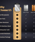Matiks stainless steel cutting board set, 16×11 in, front-view infographic comparing Matiks to steel and wood
