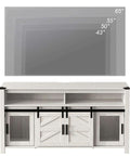 Farmhouse All In One Entertainment Center For 65 Inch TVs With Sliding Barn Doors And Mesh Accents, Antique White, front view.