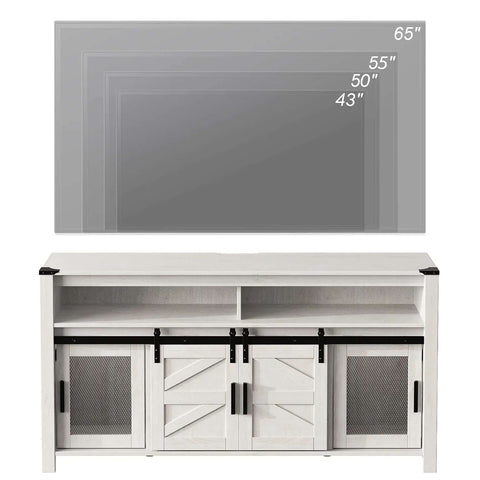 Farmhouse All In One Entertainment Center For 65 Inch TVs With Sliding Barn Doors And Mesh Accents, Antique White, front view.