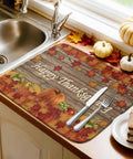 Thanksgiving Dish Drying Mat With Pumpkin Harvest Design For Kitchen Counter, Absorbent Microfiber Top Layer With Cushioned Core