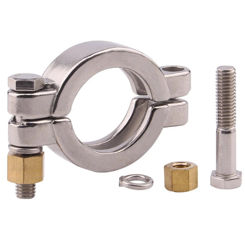 Sanitary tri-clamp ring in stainless steel 304, 1.5 inch, with bolts and nuts.