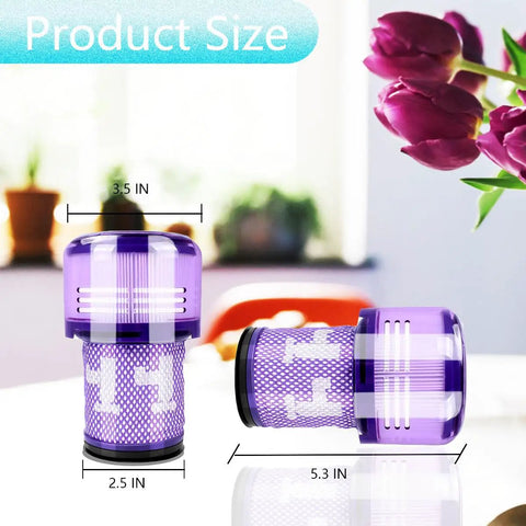 3 Pack Filter Replacement For Dyson V12 Detect Slim And V12 Slim Vacuums, size dimensions in inches with flowers in background