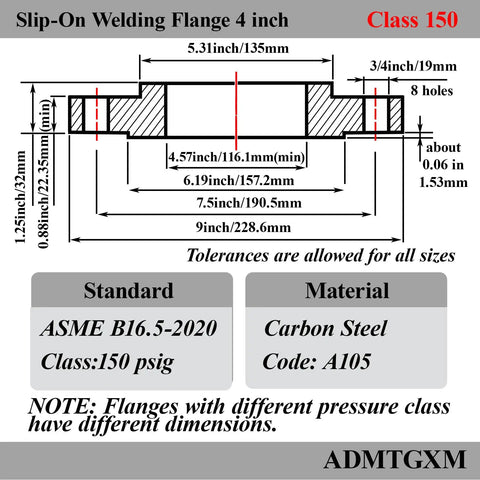 Technical diagram of a 4 Inch Carbon Steel Slip On Flange With Neck Forged A105 Raised Face Class 150 ASME B16 5 2020
