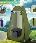 All In One Portable Camping Toilet Kit with Pop Up Privacy Shower Tent showing features like windows, lanyard, and zipper.