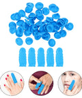 Built Tough 100 Piece Blue Nitrile Anti Static Sleeve Protectors For Tech Repair And Cleanroom Grind Reusable Finger Guards displayed in various positions.
