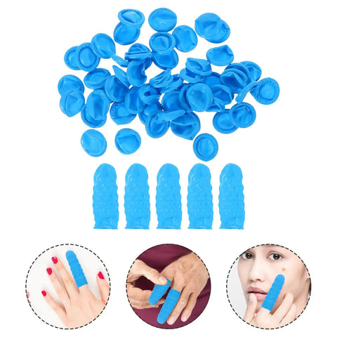 Built Tough 100 Piece Blue Nitrile Anti Static Sleeve Protectors For Tech Repair And Cleanroom Grind Reusable Finger Guards displayed in various positions.
