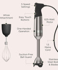 Total Kitchen Badass Five Speed Immersion Blender Bundle With Easy Swap Whisk And Rugged Storage Case 625 Watt Heavy Duty Hand Mixer with whisk attachment.