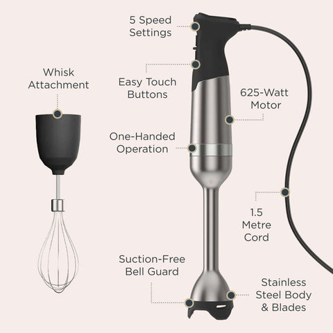 Total Kitchen Badass Five Speed Immersion Blender Bundle With Easy Swap Whisk And Rugged Storage Case 625 Watt Heavy Duty Hand Mixer with whisk attachment.