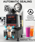 Rock Solid Fully Automatic Cup Sealer with adjustable temperature, sealing 90 to 95mm cups, showing boba tea and fruit drinks.