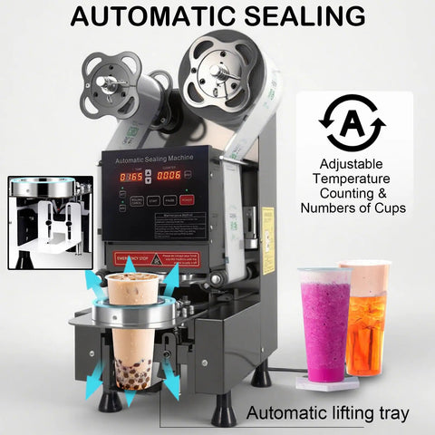 Rock Solid Fully Automatic Cup Sealer with adjustable temperature, sealing 90 to 95mm cups, showing boba tea and fruit drinks.
