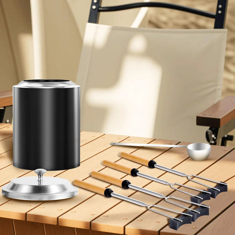 Tabletop Fire Pit Accessory Kit For Mesa XL 7 Inch Lid With Pellet Scoop Marshmallow Sticks on wooden table outdoors.