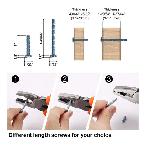 Diagram showing screw length options for Ten Pack Knurled Gold Cabinet Pulls Eight Point Four Inch Length With Six Point Three Inch Center Hole Brushed Brass Kitchen Cabinet Handles For Drawers Dressers Cupboards Wardrobes.