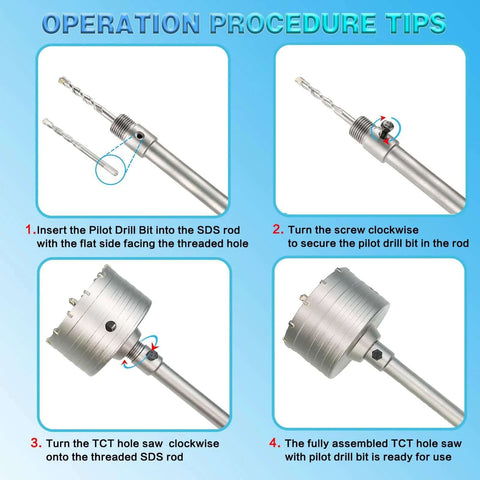 Infographic showing a 4-inch concrete hole saw assembly with SDS Plus shank and two center-positioning drill bits.