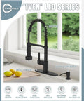 Black Kitchen Faucet With Soap Dispenser And LED Temperature Indicator Pull Down Sprayer shown with hole cover and soap dispenser.