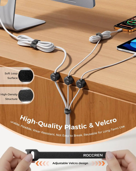 Ultimate Cable Management Kit With 10 Magnetic Rotatable Clips And 40 Reusable Velcro Cord Straps for tidy desk organization.