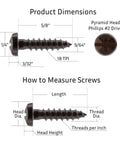 Knockout Antique Copper Pyramid Wood Screws With Tough As Nails Steel Body and Phillips Drive Self Tapping Action dimensions illustration