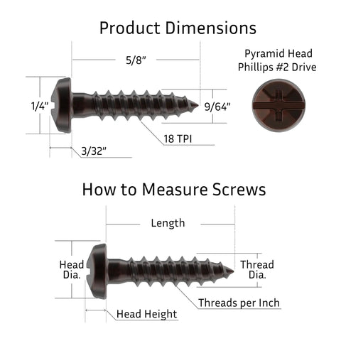 Knockout Antique Copper Pyramid Wood Screws With Tough As Nails Steel Body and Phillips Drive Self Tapping Action dimensions illustration