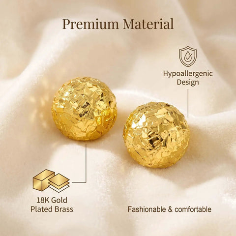 18K Gold Plated Hammered Dome Earrings For Women, Lightweight Hollow Half Ball Studs, Hypoallergenic And Anti Tarnish Texture Jewelry, Everyday Glam And Comfortable Wear, 18K gold plated brass