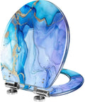 Toilet Seat Cover Elongated Quiet Close for Bathroom, 14.5" x 18.5", colorful blue and purple design, chrome hinges.