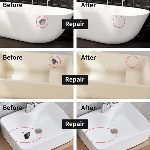 Before and after repair images using Color Match Tub And Fiberglass Shower Repair Kit For Porcelain Sinks And Acrylic Bathtubs, 3.7oz Repair Paste In White Almond Biscuit Bone, Easy DIY Fix For Cracks Chips Dents Holes On Tub Sink And Tile.