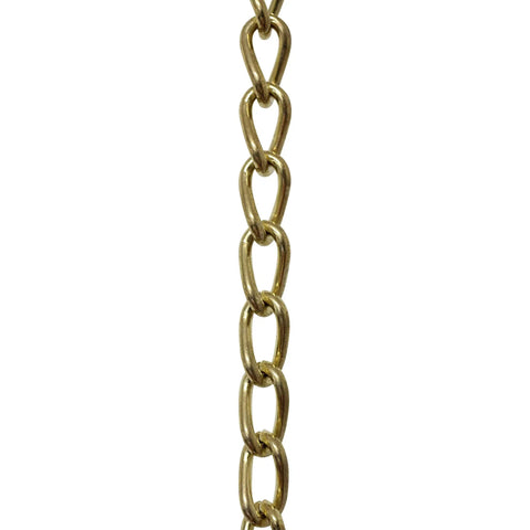 Close-up of 12 gauge solid steel twist link fixture chain for pendant lighting and decor, heavy duty hanging chain, polished brass finish.