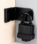 Heavy Duty 90 Degree Hasp Latch 4 Inch Stainless Steel Door Lock Rust Resistant locked onto a corner mount with padlock.