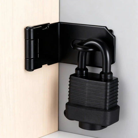 Heavy Duty 90 Degree Hasp Latch 4 Inch Stainless Steel Door Lock Rust Resistant locked onto a corner mount with padlock.