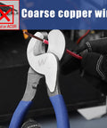 Hardcore Heavy Duty 10 Inch Cable Cutter gripping coarse copper wire with ergonomic blue handle in action